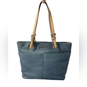 Michael Kors Pebbled Leather Tote Blue Tan Straps Shoulder Bag